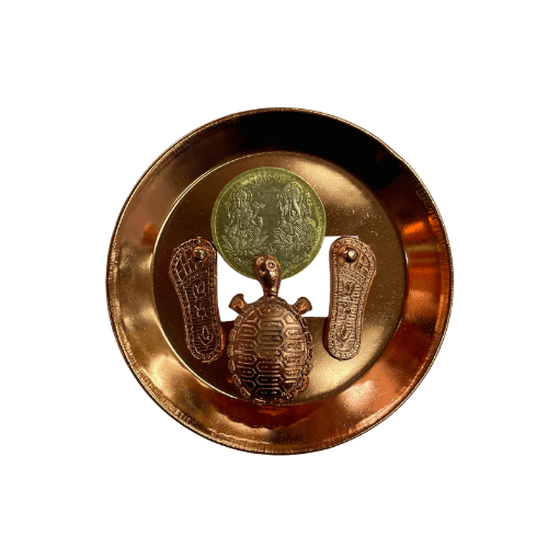 Tortoise with tray laxmi ganesh coin with Yantra and paduka/Mataji feet copper set