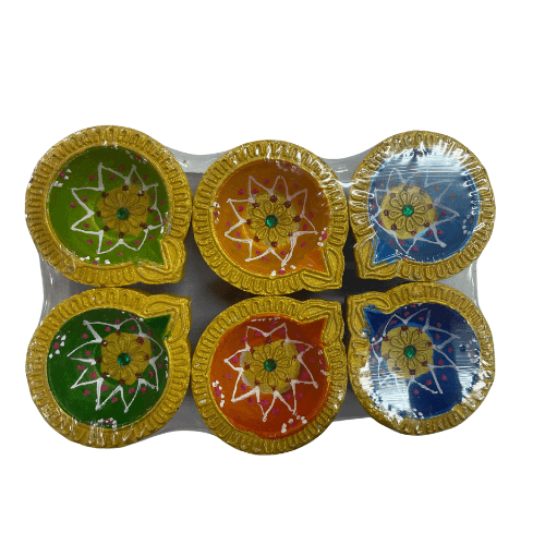 Pack of 6 fancy India colorful clay lamps