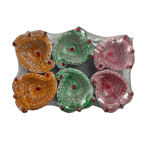 Pack of 6 mango leave shaped fancy clay lamps